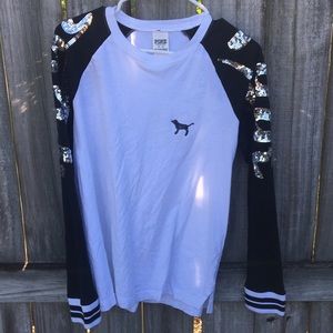 PINK black & white sequin sleeve top Medium